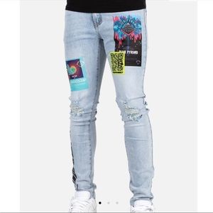 Black Pyramid Light Blue Denim Jeans 'Future Relic' With Holographic Mens NWT